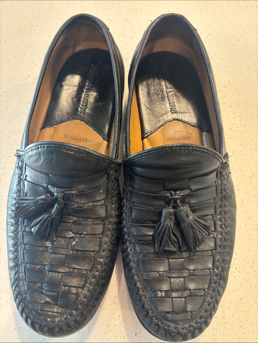 Johnston & Murphy Men's Black Woven Leather Tassel Loafers Sheepskin Size 8